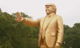 В Вашингтоне установили золотую статую Трампа с биткоином в руке (фото)